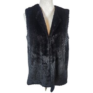 Talbots Faux Fur Vest Black Textured Sleeveless Open Front Women's Medium